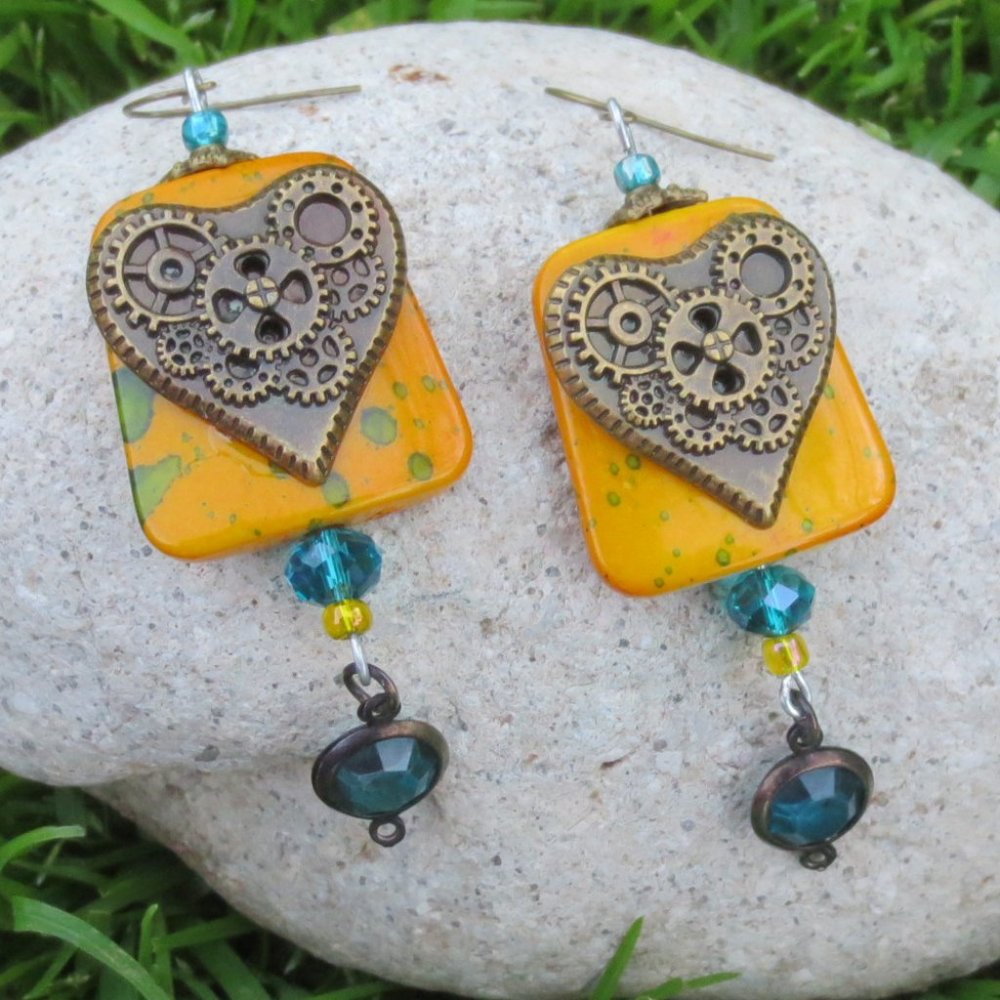 Handcrafted Earrings Steampunk Yellow Teal Heart Lightweight Dangle Statement